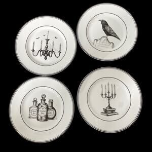 Lenox Vintage Halloween Dessert Plates Set of 4 NIB 8" Salad White Black Decor